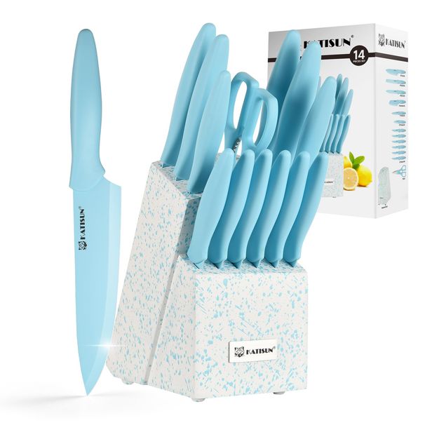 Kitchen Knife Set With Block, 14 Piece BLUE Non-Stick Paint Coating Stainless Steel Knives Set, Anti-Rust And Dishwasher Safe, 12 Knives With Kitchen Shears And Block_maomaolike.com