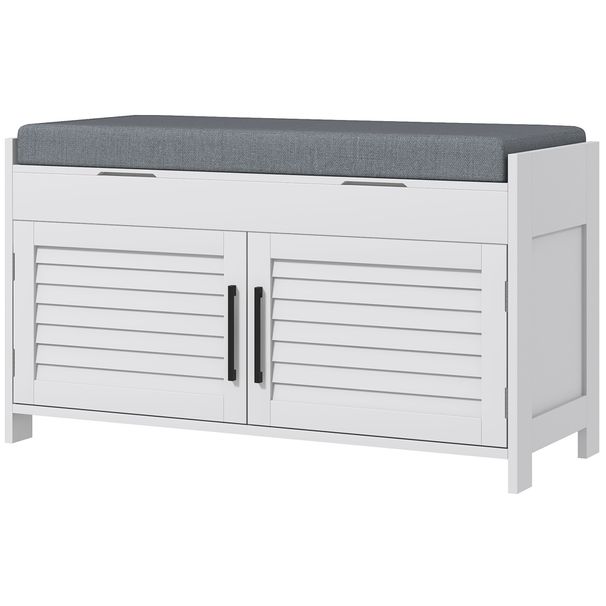 Shoe Storage Bench, Modern Entryway Bench With Cushion, Hidden Compartments, Adjustable Shelves, Shutter Doors, White_maomaolike.com