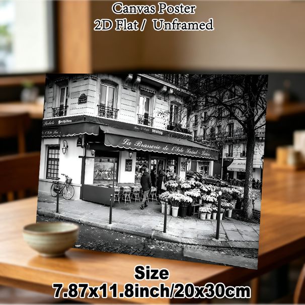 Parisian Brasserie Streetscape Painting Poster, Monochrome Vintage Urban Scene Poster, Timeless Nostalgic Vibe Ideal For Living Room, Café Wall Decor_maomaolike.com