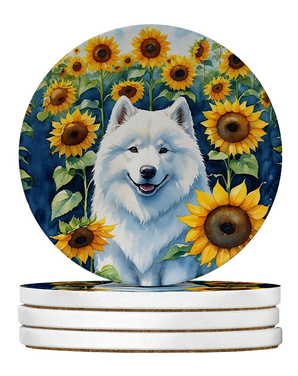 Samoyed In Sunflowers Large Sandstone Coasters Pack Of 4 Absorbent Round Coasters Decor Gifts For Men Or Women, 4 In, Multicolor_maomaolike.com