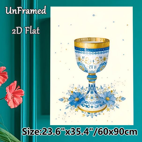 Chalice Themed Painting Poster, Exquisite Blue & Gold Vintage Patterned Chalice With Floral Accents Poster, Elegant Decorative Piece Ideal For Living_maomaolike.com