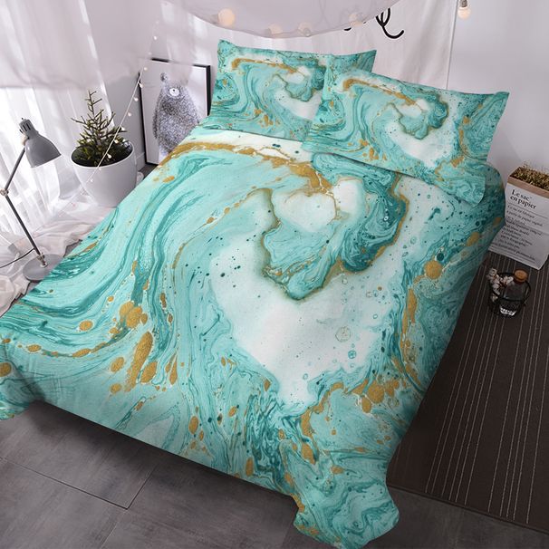Chic Girly Marble Cover Mint Gold Glitter Turquoise Bedding Comforter Set Abstract Aqua Teel Blue Duvet Cover(Single)_maomaolike.com