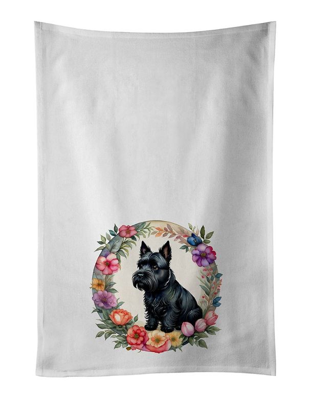 Scottish Terrier And Flowers Kitchen Towel Set Of 2 White Dish Towels Decorative Bathroom Hand Towel For Hand, Face, Hair, Yoga, Tea, Dishcloth, 19 X 28", White_maomaolike.com