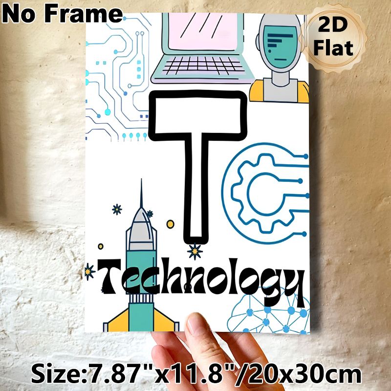 Technology Themed Painting Poster, Vibrant Cartoon Tech Elements Poster, Sleek Tech-inspired Decor Ideal For Home Office, Tech Workspace And Study_maomaolike.com