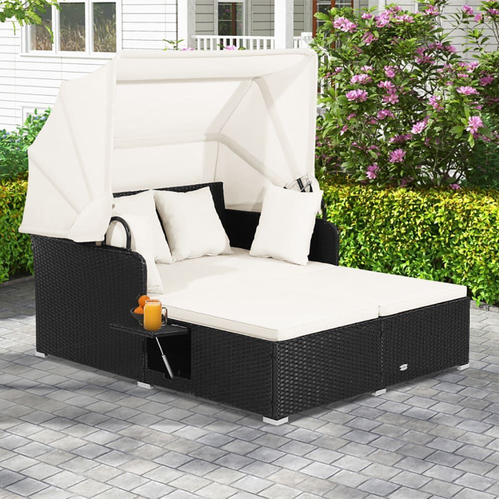 Patio Rattan Daybed With Retractable Canopy And Side Tables_maomaolike.com