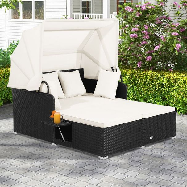 Patio Rattan Daybed With Retractable Canopy And Side Tables_maomaolike.com