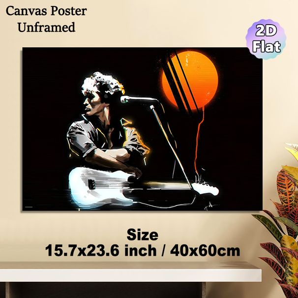 Retro Guitarist Music-themed Painting Poster, Glitch Art Style Neon Accented Poster With Warm Orange Sun, Stylish Music-inspired Decor For Bedroom_maomaolike.com