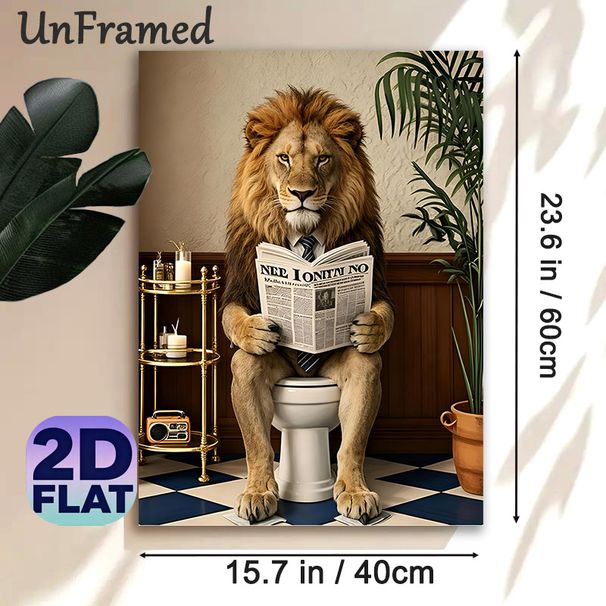 Anthropomorphic Lion Reading Newspaper Painting Poster, Whimsical Humorous Bathroom Scene Poster, Playful Quirky Decor Ideal For Bathroom, Living Room_maomaolike.com