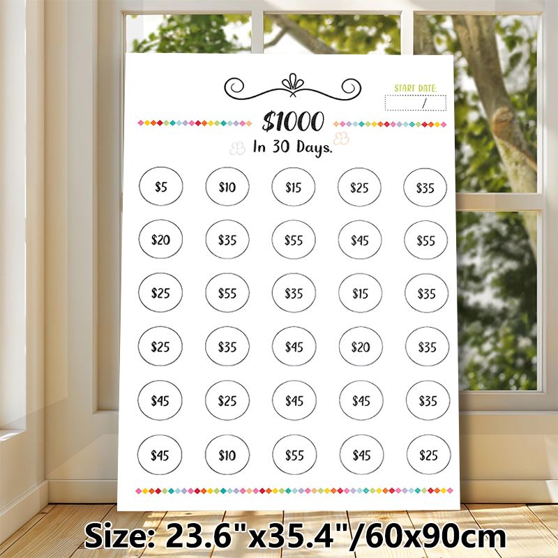 $1000 30-Day Savings Challenge Painting Poster, Cute Hand-drawn Colorful Accented Savings Tracker Poster, Practical Tool To Achieve $1000 Saving Goal_maomaolike.com