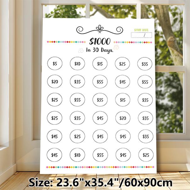 $1000 30-Day Savings Challenge Painting Poster, Cute Hand-drawn Colorful Accented Savings Tracker Poster, Practical Tool To Achieve $1000 Saving Goal_maomaolike.com