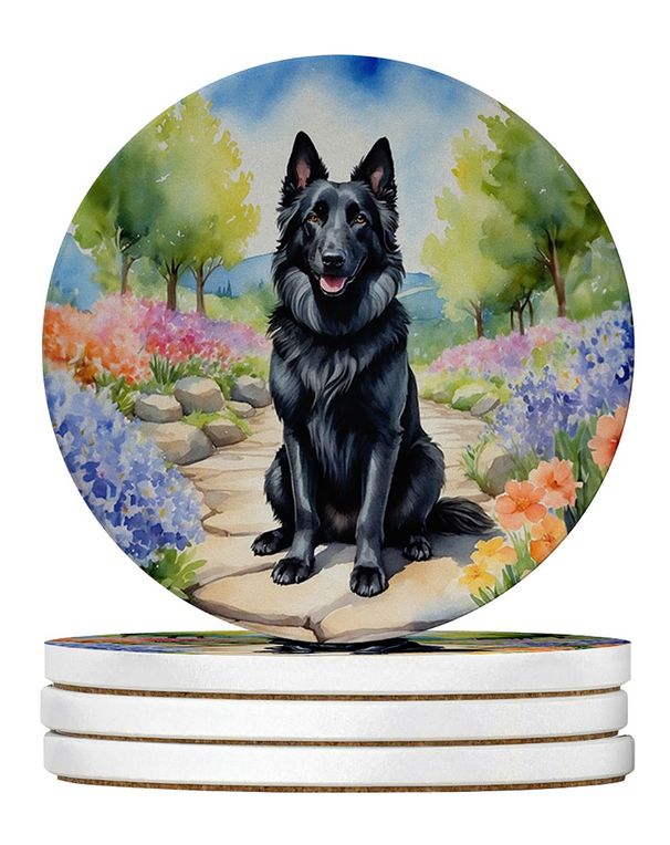Belgian Sheepdog Spring Path Large Sandstone Coasters Pack Of 4 Absorbent Round Coasters Decor Gifts For Men Or Women, 4 In, Multicolor_maomaolike.com
