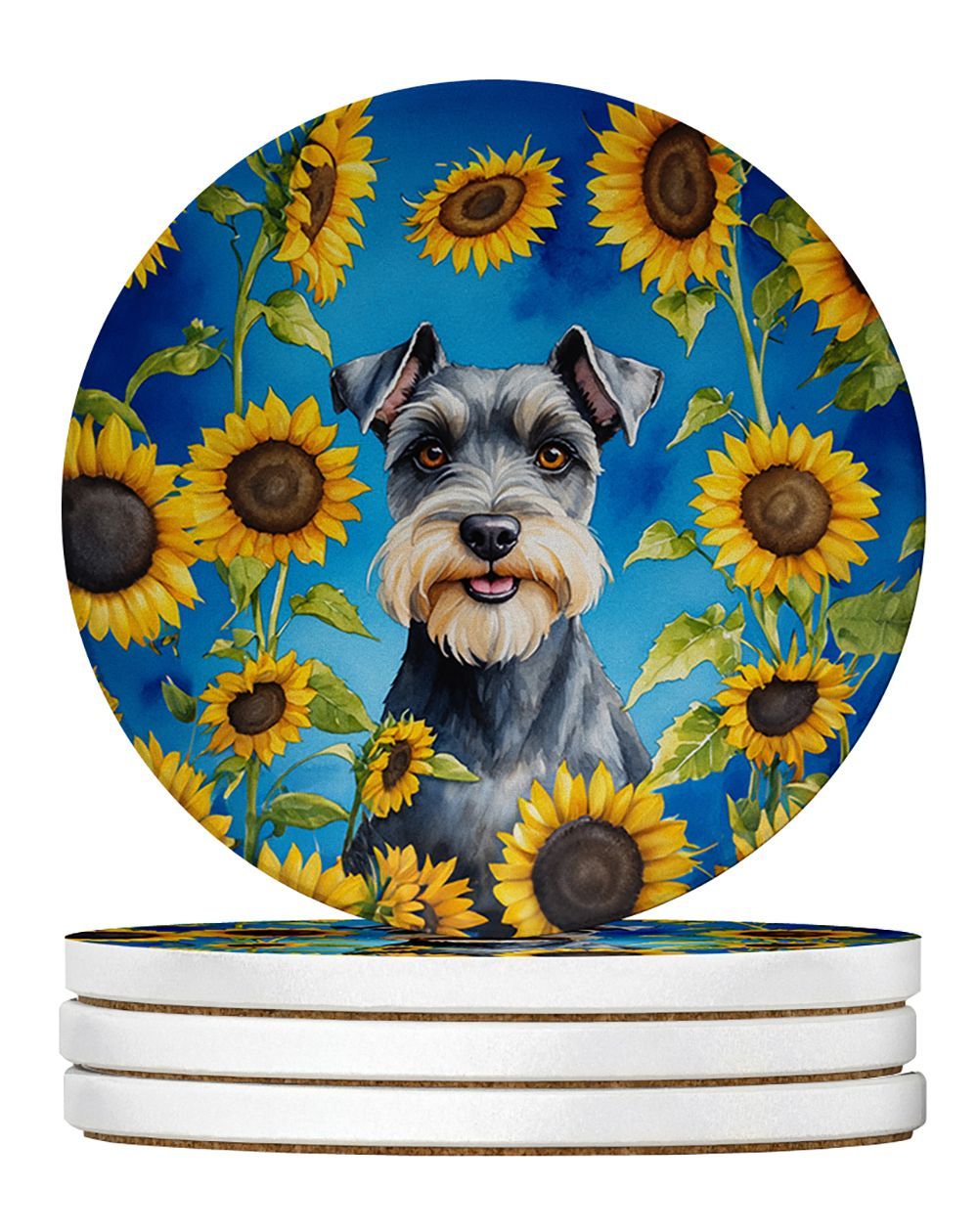 Schnauzer In Sunflowers Large Sandstone Coasters Pack Of 4 Absorbent Round Coasters Decor Gifts For Men Or Women, 4 In, Multicolor_maomaolike.com