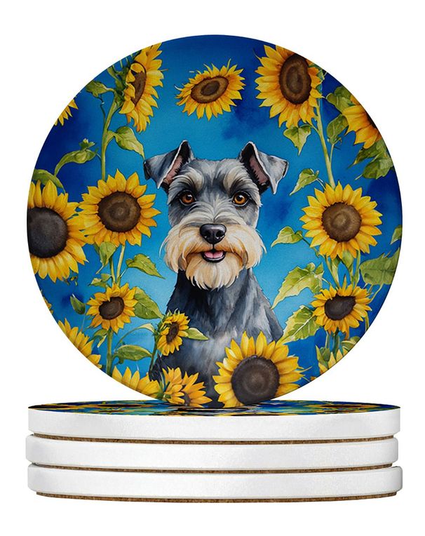 Schnauzer In Sunflowers Large Sandstone Coasters Pack Of 4 Absorbent Round Coasters Decor Gifts For Men Or Women, 4 In, Multicolor_maomaolike.com