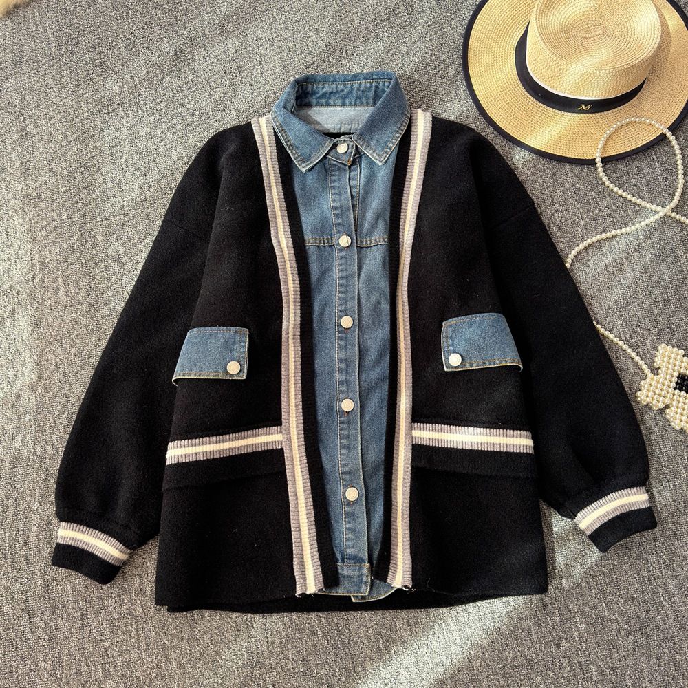 Women's Clothing Denim splicing two piece cardigan sweater jacket _maomaolike.com