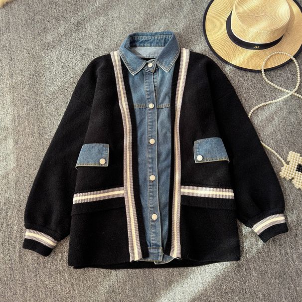 Women's Clothing Denim splicing two piece cardigan sweater jacket _maomaolike.com