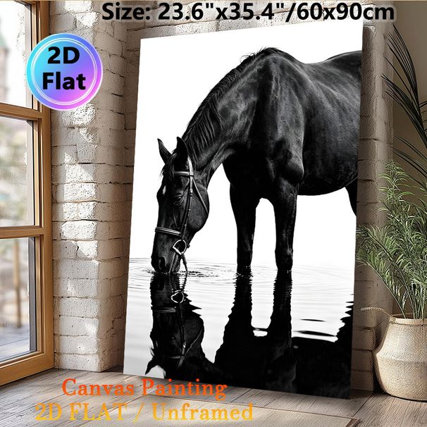 Black Horse Drinking Painting Poster, Monochrome Realistic Horse & Water Reflection Poster, Tranquil Elegant Wall Art, Suitable For Living Room_maomaolike.com