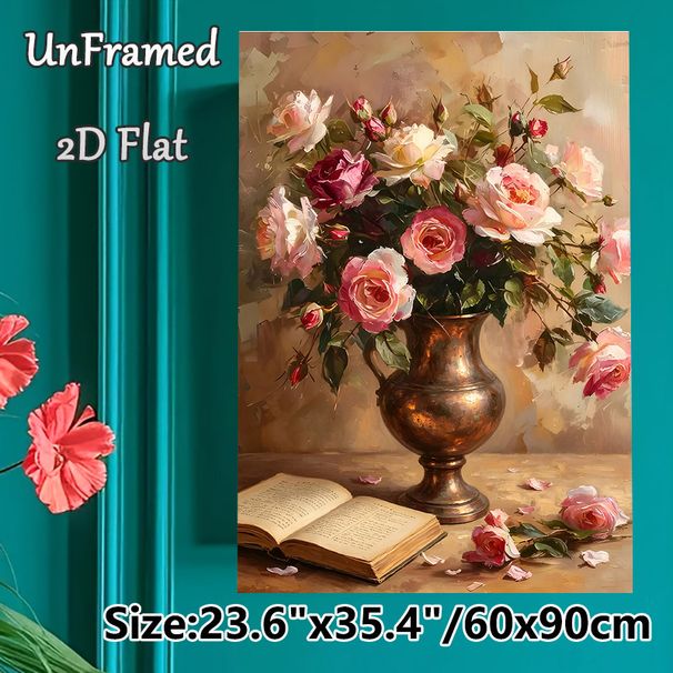 Rose Still Life Painting Poster, Vintage-style Oil Painting Of Pink & Burgundy Roses In Metallic Vase With Open Book Poster, Elegant Classic Floral_maomaolike.com