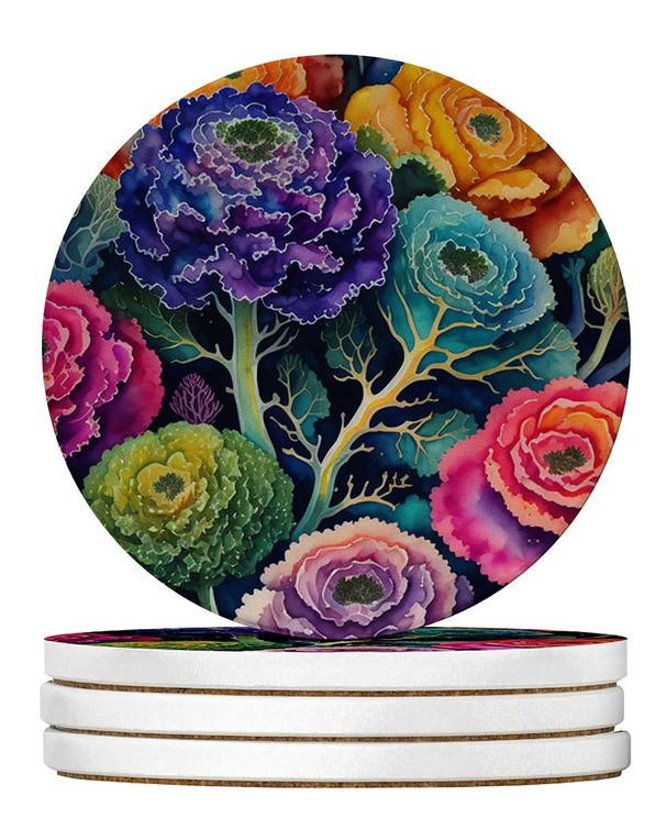 Colorful Ornamental Kale Large Sandstone Coasters Pack Of 4 Absorbent Round Coasters Decor Gifts For Men Or Women, 4 In, Multicolor_maomaolike.com