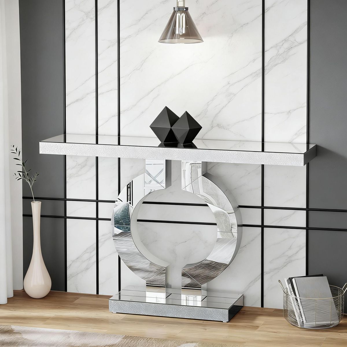 Mirrored Console Table, Modern Silver Sofa Table With O-Shaped BaseS_maomaolike.com