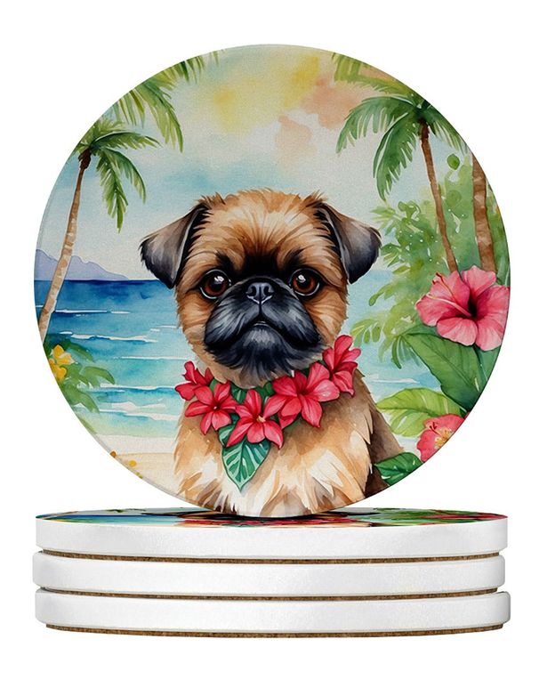 Brussels Griffon Luau Large Sandstone Coasters Pack Of 4 Absorbent Round Coasters Decor Gifts For Men Or Women, 4 In, Multicolor_maomaolike.com