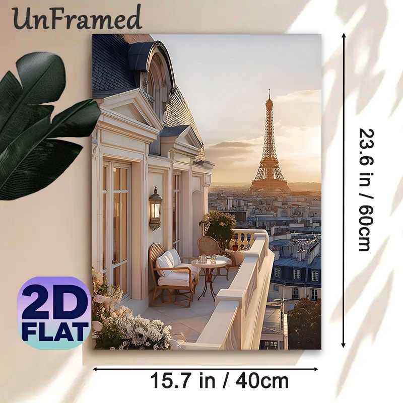 Paris Balcony & Eiffel Tower Painting Poster, Warm-toned Elegant Sunset Cityscape Poster, Adds Romantic Cozy Ambiance, Ideal For Living Room, Bedroom_maomaolike.com