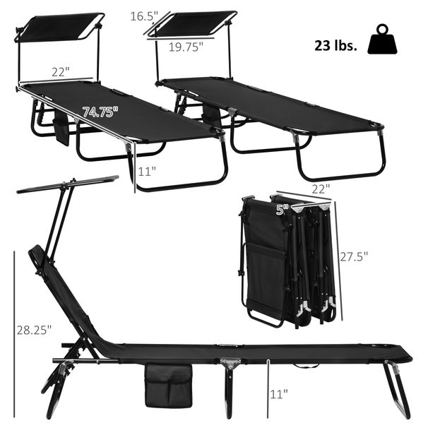 Folding Chaise Lounge Pool Lounge Chairs Set Of 2, Outdoor Sun Tanning Chairs With Canopy Shade, Reclining Back, Steel Frame And Side Pocket For Beach, Yard, Patio, Black_maomaolike.com