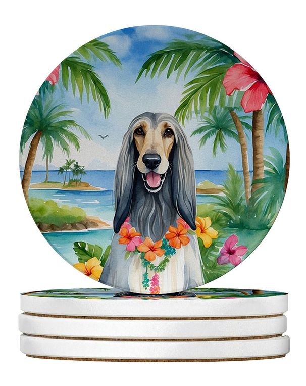 Afghan Hound Luau Large Sandstone Coasters Pack Of 4 Absorbent Round Coasters Decor Gifts For Men Or Women, 4 In, Multicolor_maomaolike.com
