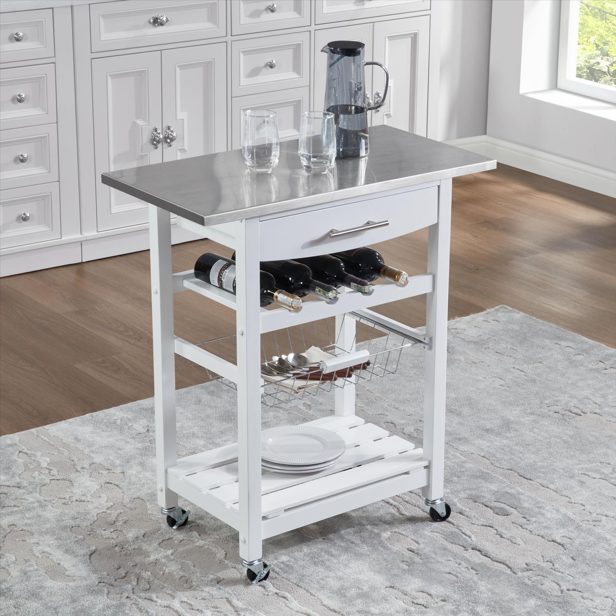 Mobile Rolling Kitchen Island Trolley Serving Cart With Underneath Drawer & Slide-Out Wire Storage Basket_maomaolike.com