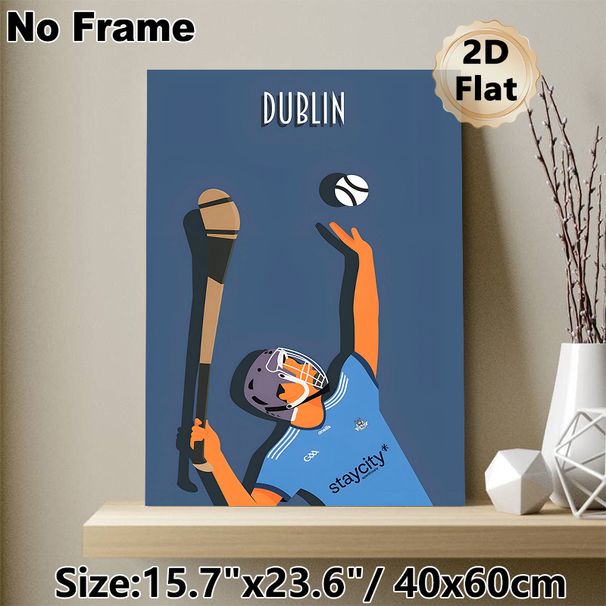 Dublin Hurling Painting Poster, Minimalist Flat-Style Illustrated Hurler With Hurley & Sliotar Poster, Sporty Wall Decor For Living Room, Sports Bar_maomaolike.com