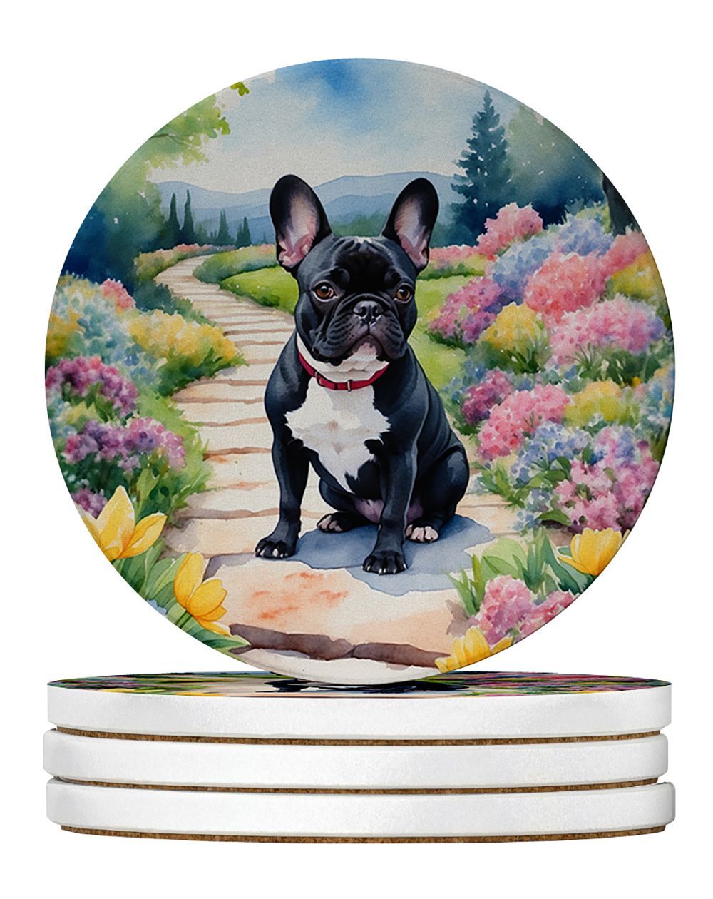 French Bulldog Spring Path Large Sandstone Coasters Pack Of 4 Absorbent Round Coasters Decor Gifts For Men Or Women, 4 In, Multicolor_maomaolike.com