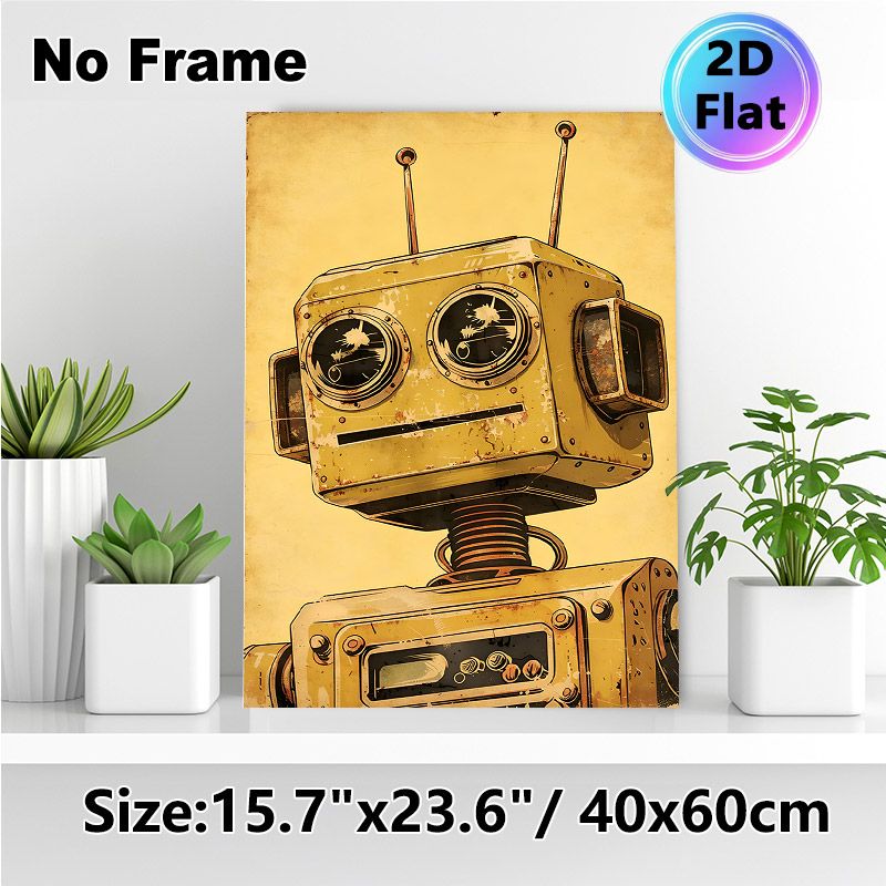 Vintage Robot Painting Poster, Retro Weathered Rusty Robot Illustration Poster, Unique Nostalgic Decor For Home Office, Living Room_maomaolike.com