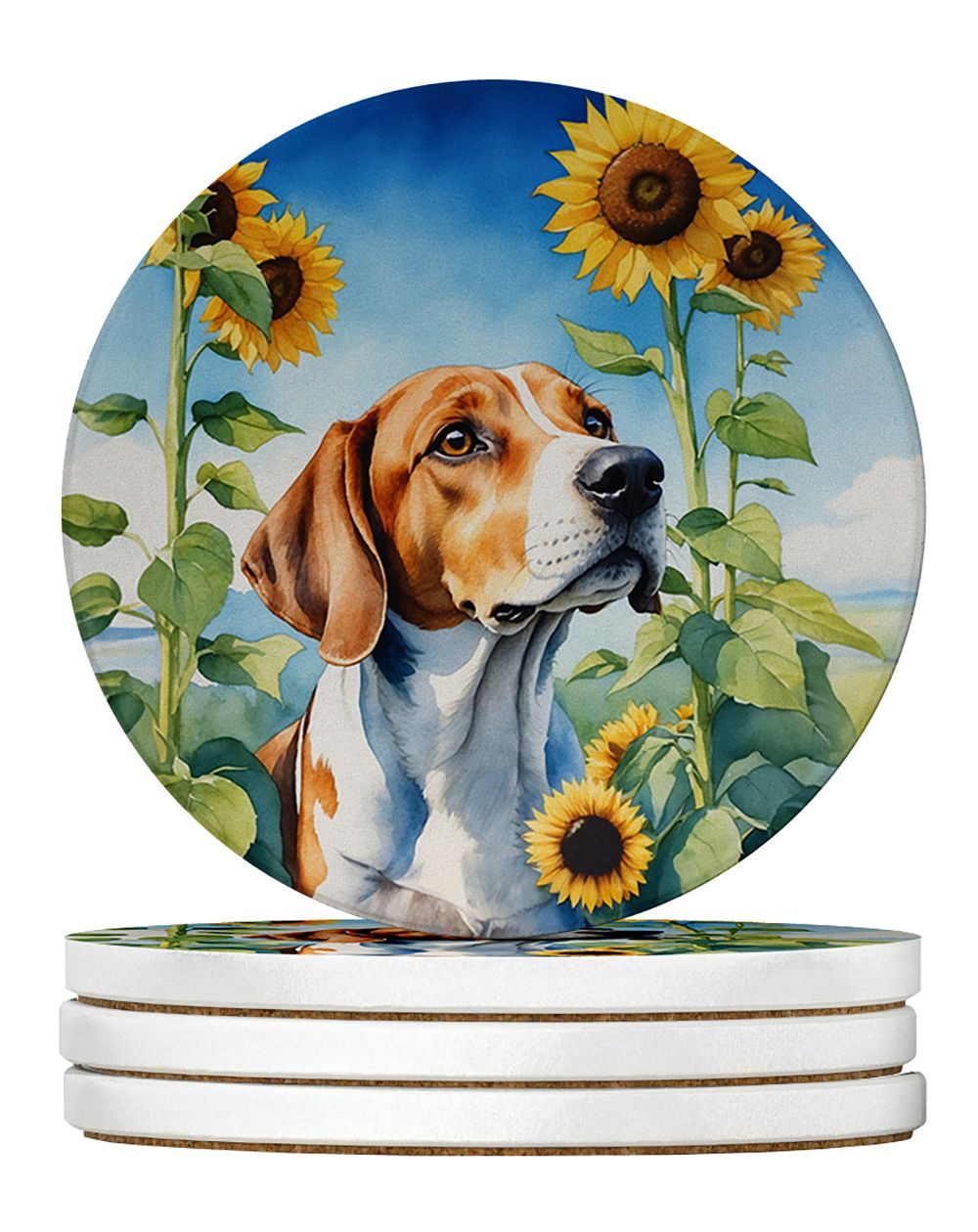 English Foxhound In Sunflowers Large Sandstone Coasters Pack Of 4 Absorbent Round Coasters Decor Gifts For Men Or Women, 4 In, Multicolor_maomaolike.com