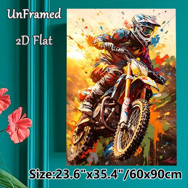 Motocross Themed Painting Poster, Vibrant Splash-art Style Sunlit Dirt Bike Rider Poster, Dynamic Energetic Decor Ideal For Garage, Living Room, Man_maomaolike.com