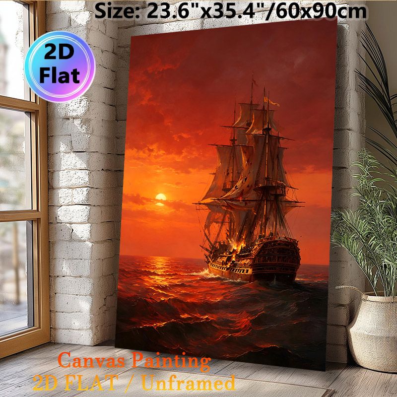 Burning Sailing Ship At Sunset Painting Poster, Dramatic Nautical Art Poster, Captivating Fiery Red Sky & Damaged Burning Ship On Wavy Sea, Suitable_maomaolike.com