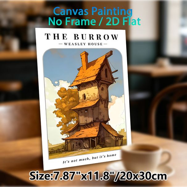 The Burrow Weasley House Painting Poster, Whimsical Rustic Lopsided Cottage With Autumnal Trees Poster, Warm Nostalgic Decor For Living Room, Bedroom_maomaolike.com