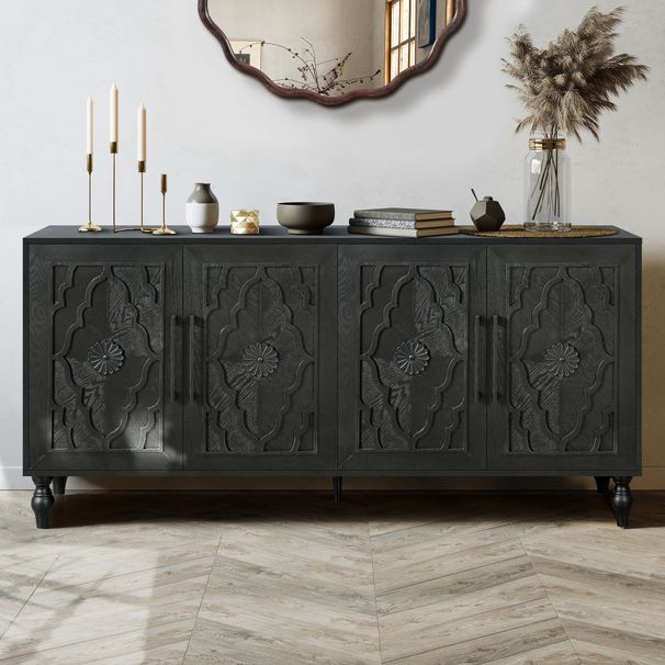 Carved Flower Door Large Storage Cabinet With Metal Handle Suitable For Living Room, Kitchen, Entryway BLACK_maomaolike.com