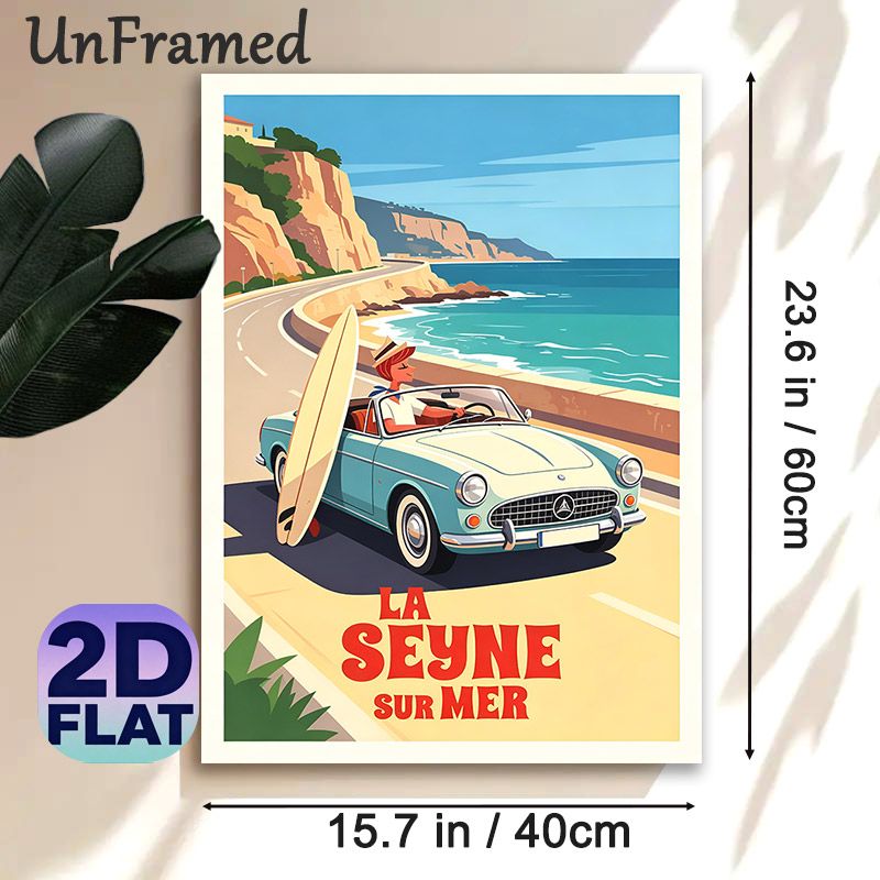 Coastal Road Trip Painting Poster, Vintage-style Retro Convertible With Surfboard On Seaside Cliff Road Poster, Warm Nostalgic Vibe For Living Room_maomaolike.com