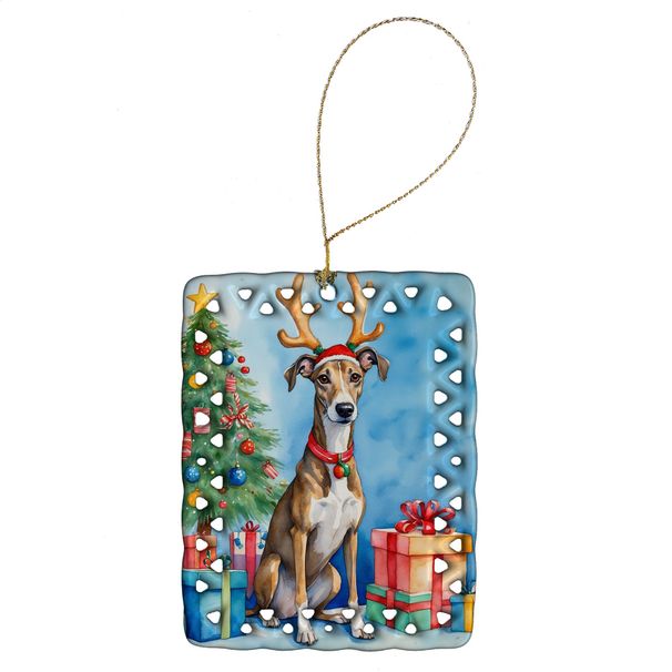 Brindle Greyhound Christmas Reindeer Porcelain Ornament Christmas Tree Hanging Decorations For Home Christmas Holiday, Rectangle, Gift, Multicolor_maomaolike.com