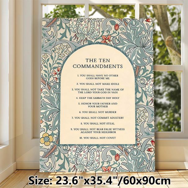 Ten Commandments Painting Poster, Vintage Floral Border Religious Text Poster, Inspirational Spiritual Decor Ideal For Home, Prayer Room_maomaolike.com