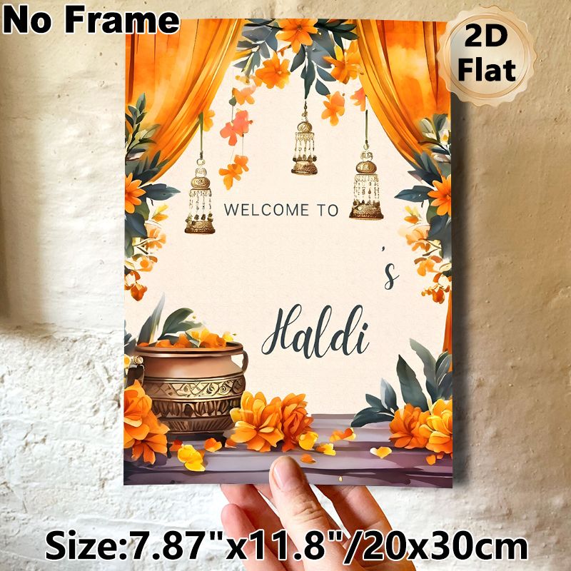 Haldi Ceremony Welcome Painting Poster, Warm Orange Floral & Traditional Motif Watercolor Poster, Festive Welcome Decor Ideal For Haldi Ceremony And_maomaolike.com