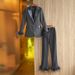 Women's Clothing Autumn and Winter Satin Collar Spliced Blazer Feather Decoration Dress Suit Straight leg Pants Two piece Set_maomaolike.com