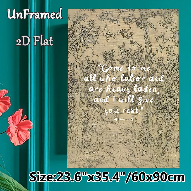 Bible Verse Matthew 11:28 Painting Poster, Vintage Sketch-style Hand-drawn Forest & Cottage Poster, Inspirational Religious Quote Decor For Home_maomaolike.com