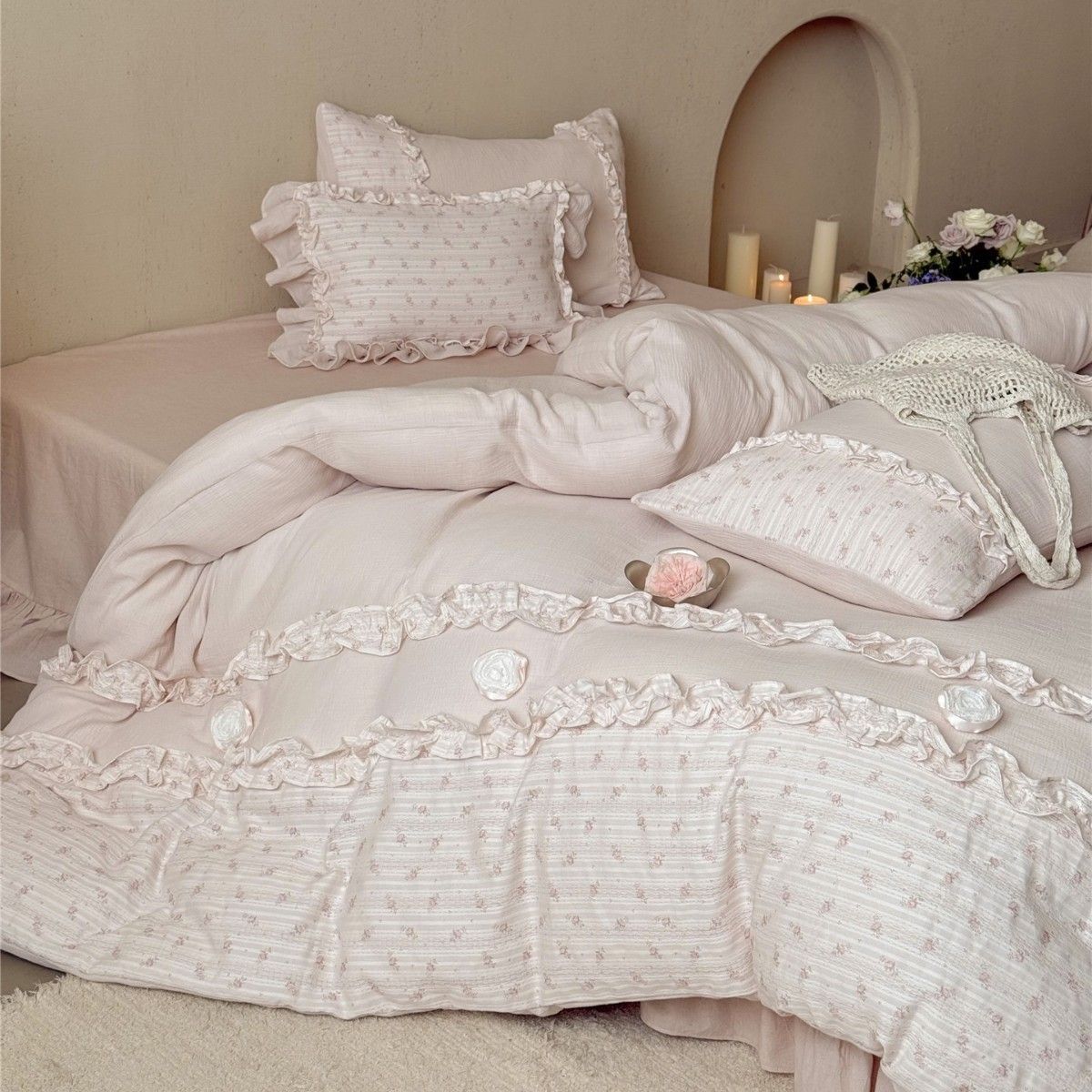 Princess Style Pleated Lace Skin-Friendly Bedding Girly Double Layer Gauze Pure Cotton Four-Piece Set Home Textile Windsor_maomaolike.com