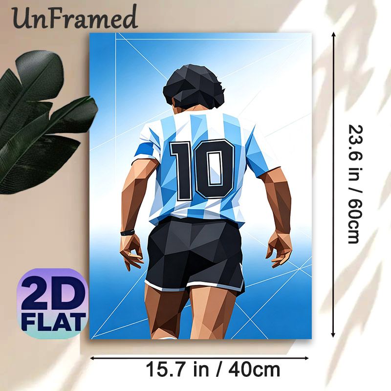 Soccer Player No.10 Painting Poster, Low-poly Geometric Back-view Athlete In Blue-white Striped Jersey Poster, Sleek Sports Wall Decor Suitable For_maomaolike.com