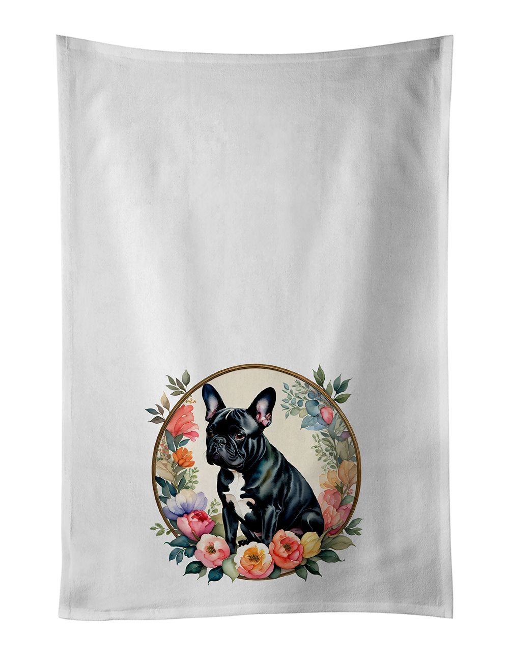 Black French Bulldog And Flowers Kitchen Towel Set Of 2 White Dish Towels Decorative Bathroom Hand Towel For Hand, Face, Hair, Yoga, Tea, Dishcloth, 19 X 28", White_maomaolike.com