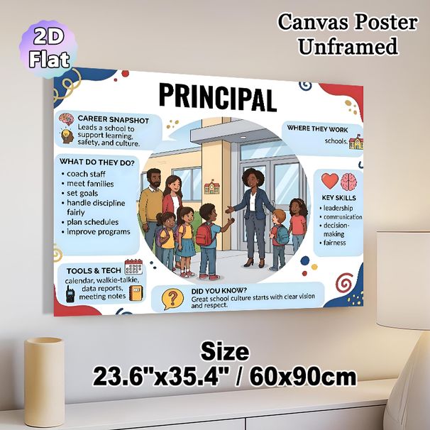 School Principal Career Painting Poster, Informative Cartoon-style Poster, Educational Guide Outlining Principal's Roles, Skills And Work Details_maomaolike.com