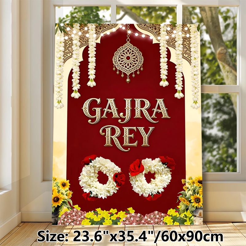 Gajra Rey Traditional Indian Festival Painting Poster, Rich Red-toned Ornate Ethnic Decorative Poster, Vibrant Cultural Design With Floral Garlands_maomaolike.com
