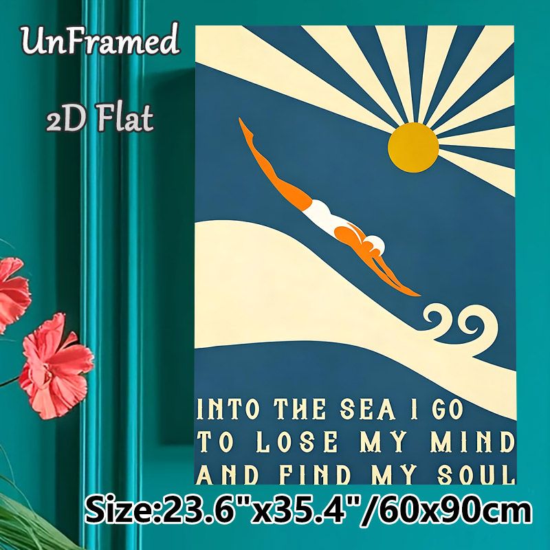 Sea Diving Themed Painting Poster, Retro Minimalist Swimmer & Sunlit Sea Scene Poster, Inspirational Ocean Quote Design, Ideal For Bedroom, Living_maomaolike.com