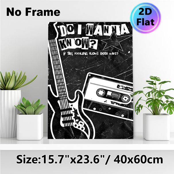Vintage Rock Music Painting Poster, Monochrome Retro-style Poster, Nostalgic Design Featuring Guitar, Cassette Tape And Song Lyrics, Ideal For_maomaolike.com