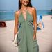 Women's Clothing deep V halterneck sleeveless pleated pocket back tie wide leg cuff long jumpsuit_maomaolike.com